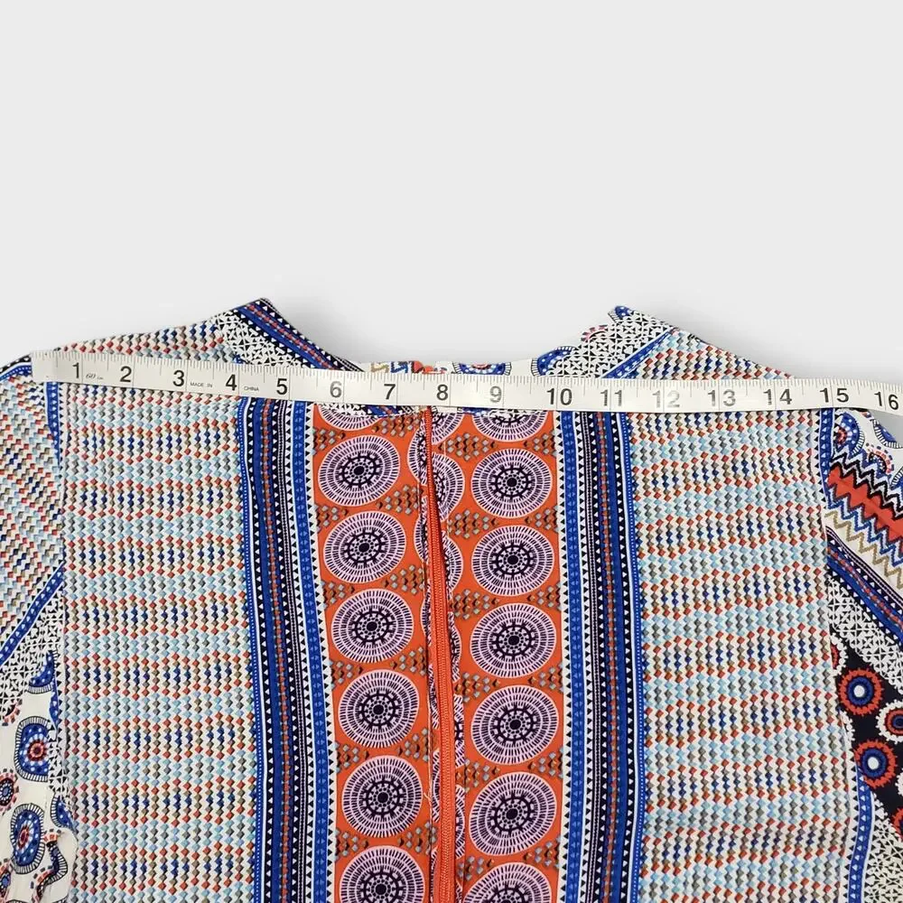 Valija Medallion Print‎ Patchwork Flare Sleeve Mini Dress Medium Multicolor Boho